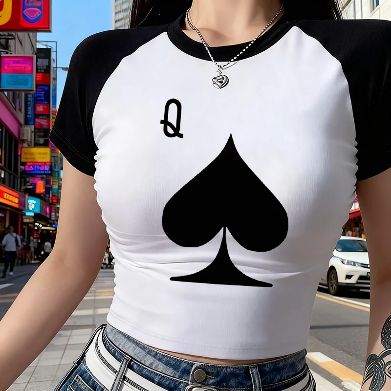 Damen Rundhals Crop-T-Shirt mit Herz-Print auf Pfirsichgrund 90er Grafik Y2K T-Shirt für Frauen Kurzarm Crop-Top Kleidung