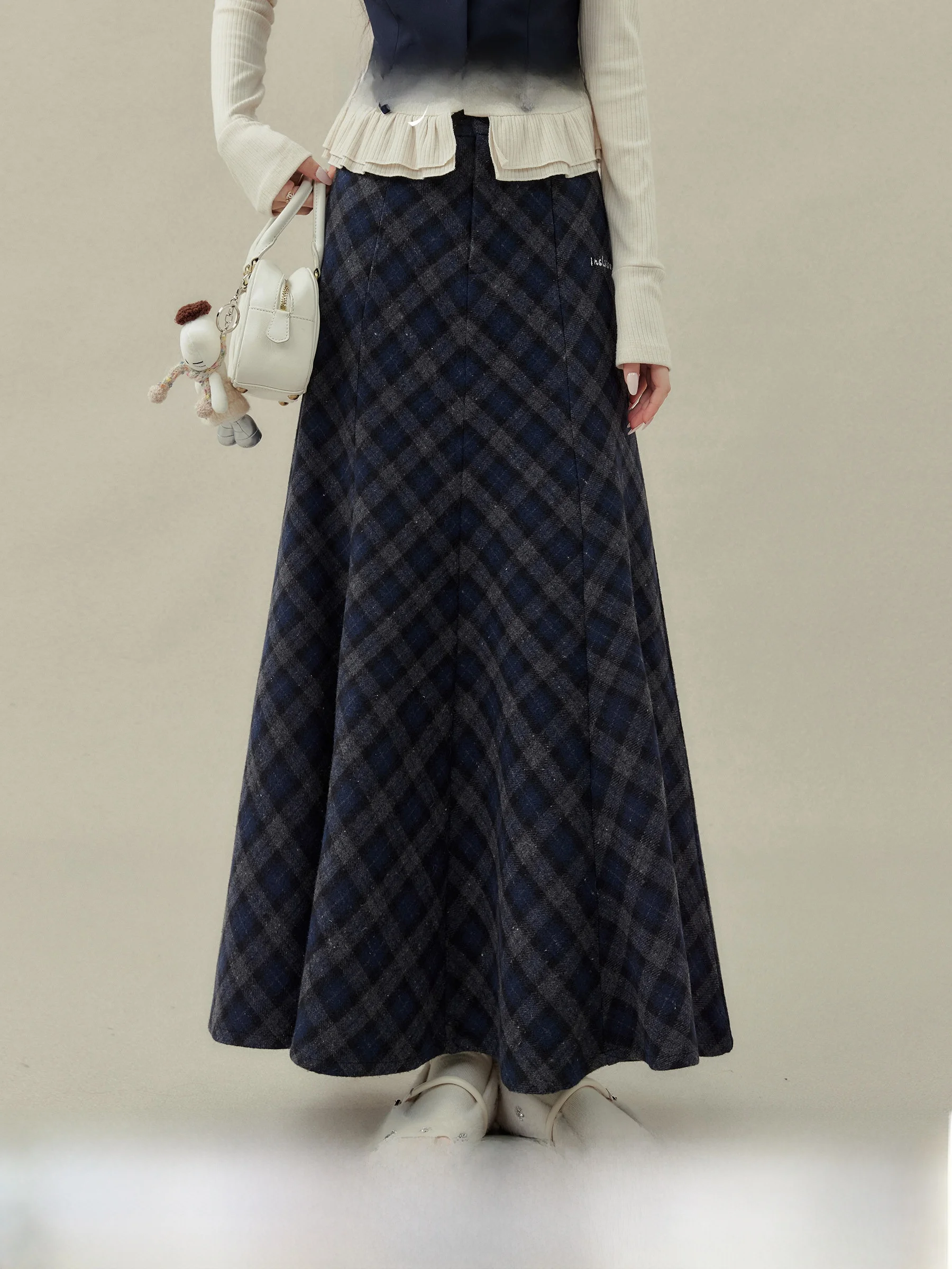 

Юбка миди с высокой талией А-силуэта, ретро-клетка, синяя, с дизайном «рыбий хвост», осенне-зимняя, новая, элегантная, для офиса, женская длинная юбка