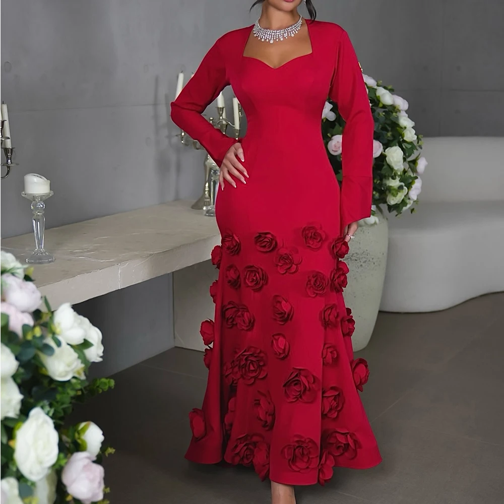 Temperament Jersey A-Line Strapless Flowers Evening Dress Floor Length Long Sleeves Photo Color فساتين سهره نسائيه فخمة Classic