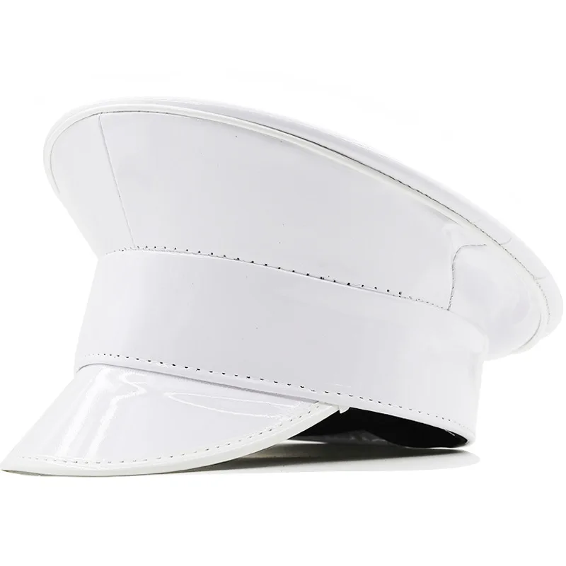 Wmen PU Leather Military Hat Men Rainbow Laser Patent PVC Captain Cap Prom Performance Bar Cosplay Show Cool Hat Beret Cap