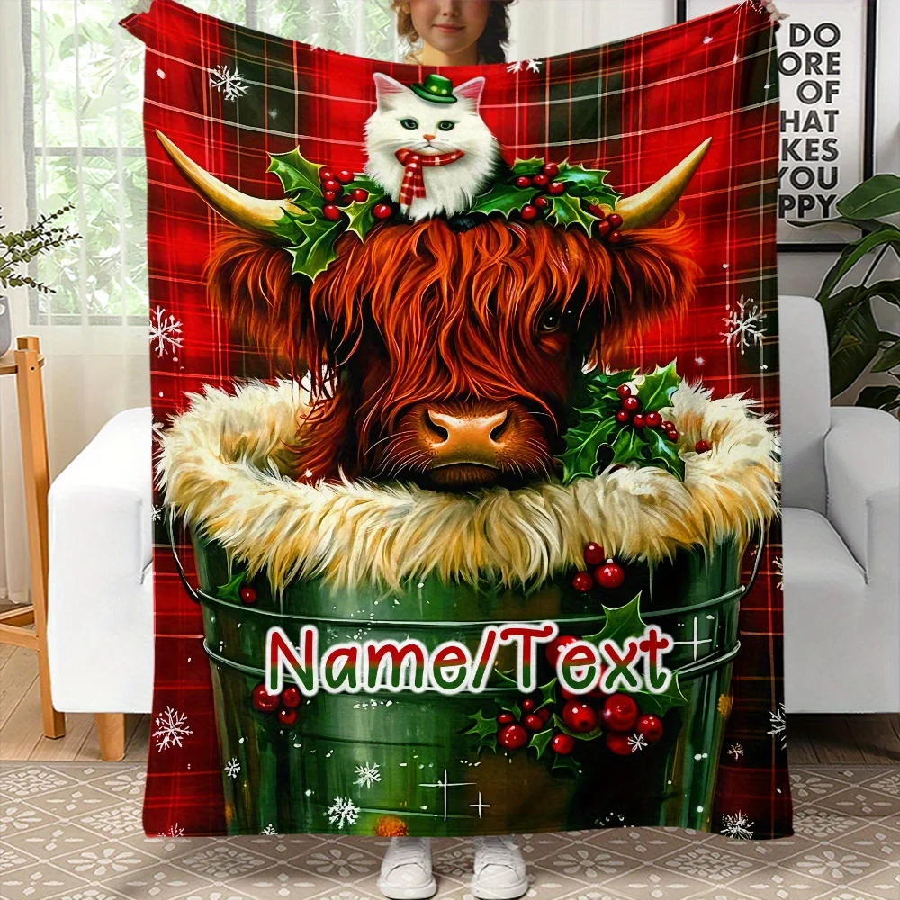 Custom name Christmas Highland cow flannel blanket, soft blanket, suitable for sofas, beds, children, friends, Christmas, gifts