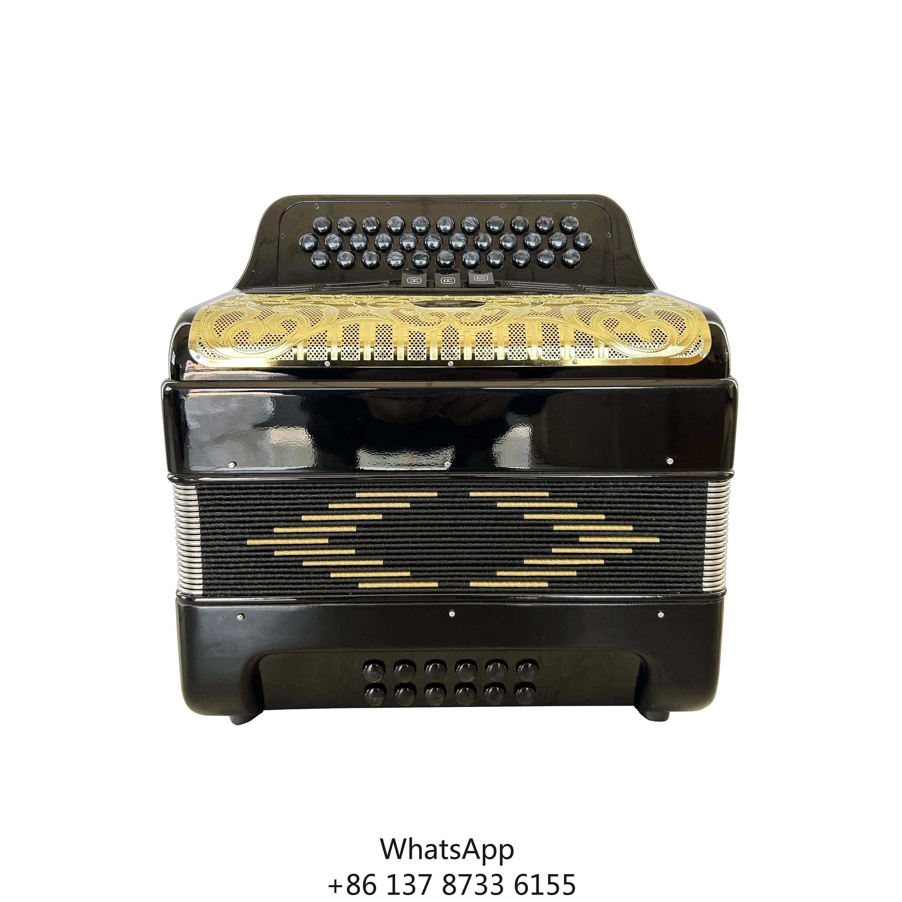 Professional Diatonic Accordion 34-Button 12-Bass 3-Registers JB3412C Acordeon Bright Black Gold Grill Black Buttons