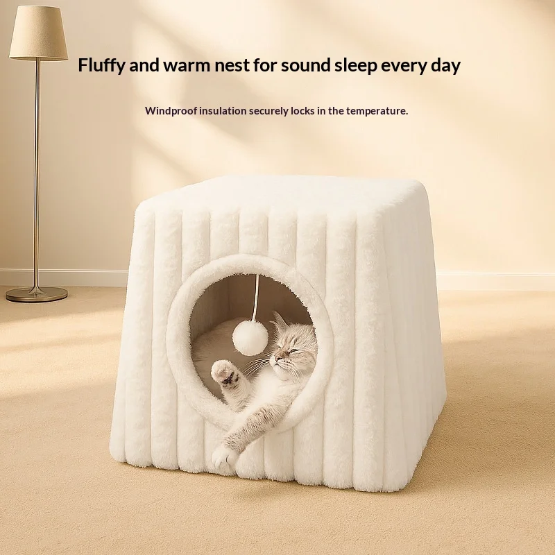 

Winter Warm Removable Washable Semi-Enclosed Cat House, Ribbed Velvet Fiber Rod Support Pet Bed, Cozy Den for Small Dogs & Cats