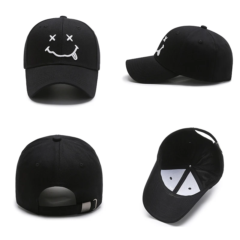 Smile Face Embroidery Baseball Caps Women Kpop Black Cotton Adjustable Snapback Funny Hip Hop Cap Autumn Sun Dad Hats for Mens