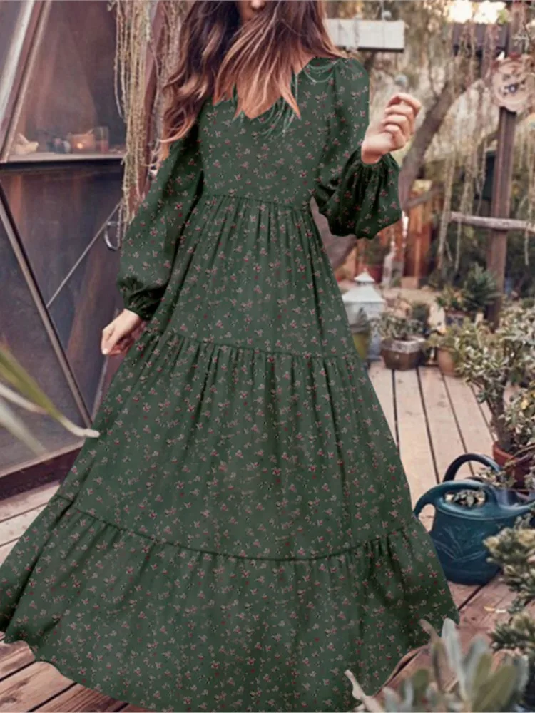 

Boho Vintage Chiffon Floral Dress Women V-Neck Retro Holiday Leisure Long Sleeved Beach Dresses Temperament Lady Vestidos Robe