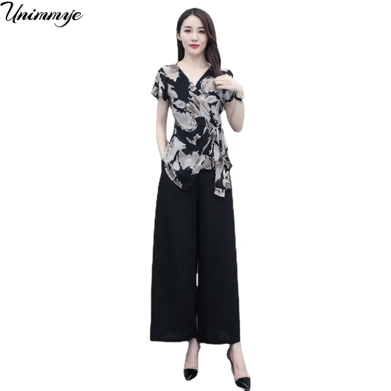 

Wide Leg Trouser Suit for Women Summer Chic Elegant Print Blouse + Pants Two Piece Set Pantsuits Chiffon Clothing M-4XL J410