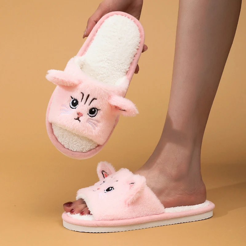 Cute Cat Plush Slippers for Women Cartoon Animal Open Toe Soft Sole Indoor Home Slides Woman Comfy Non Slip Fluffy Flat Slippers