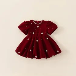 Children's Clothing Girls Fall Dresses Christmas Pearl Red Dresses Children's Princess Dresses