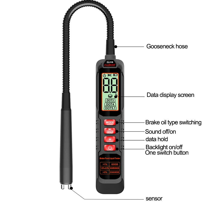 

Automotive Brake Fluid Tester Wide Compatibility (DOT3/4/5.1),Lon -Service - Life Flexible Probe, Dual Alarm,HD Backlit Readout