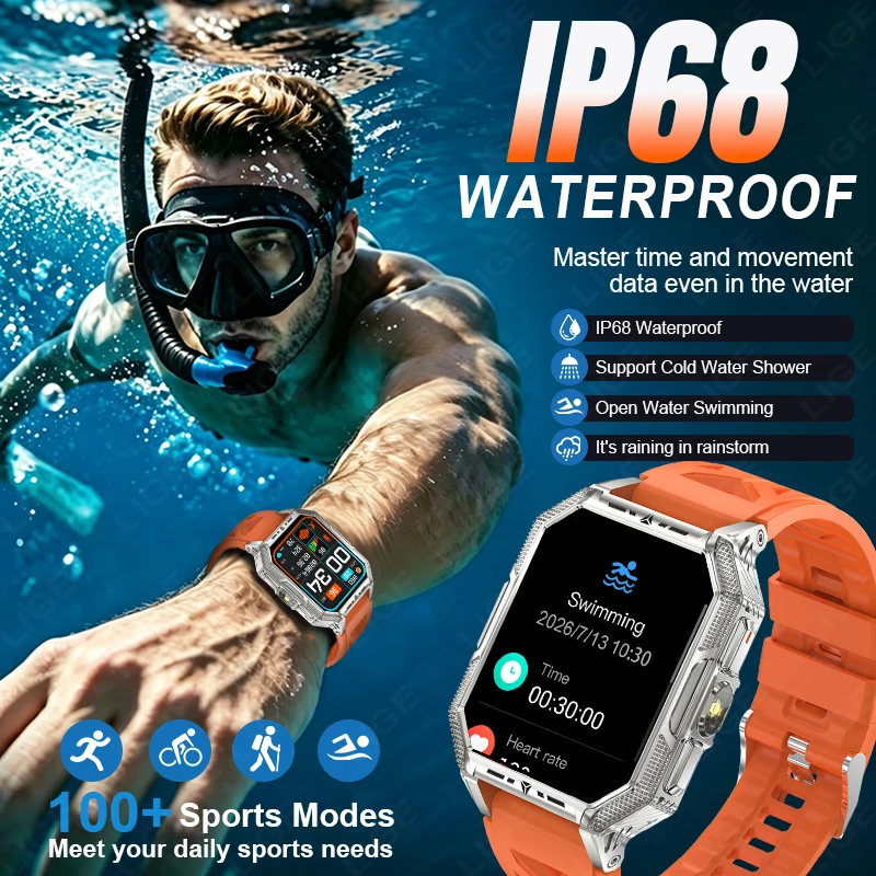 LIGE 2026 Military Outdoor Smart Watch 1400mAh Battery Flashlight Waterproof Fitness Clock Men 2.04 Inch Screen Call SmartBand