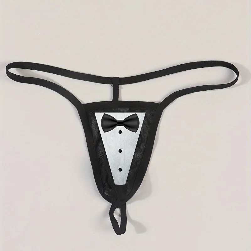 

Sexy Bow Waiter Server Lingerie Mens Mesh See Through G-String T-Back Thong Christmas Gay Novelty Pearl Massage's Underwear