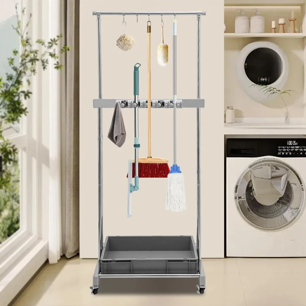 Carrello portaoggetti portatile per prodotti per la pulizia per scope e panni