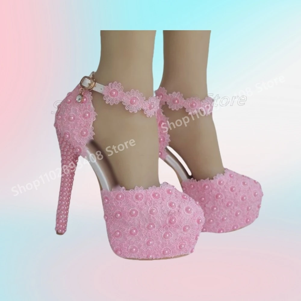 

Pink Pearl Lace Flower Decor Pumps Platform Ankle Buckle Stiletto High Heel Sweet Sexy Style 2024 Autumn Zapatos Para Mujere