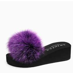 Ladies Cute Fox Hairs Slippers With Platform Chunky Heels Med Black Orange Plus Size 42 34 Beach Slides Summer Shoes Cheap 2023