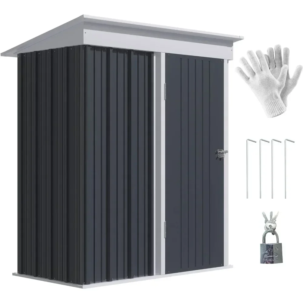 Outdoor Storage Shed, Galvanized Metal Utility Garden Tool House, Lockable Door for Backyard, Dark Gray Outdoor Shed