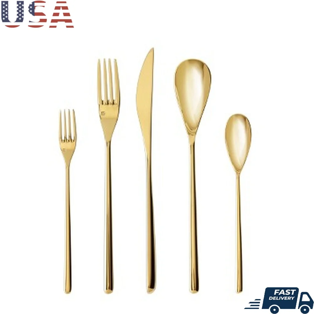

5pc Stainless Steel Gold Flatware Set Dragonfly Pattern Utensils Forks Knives Spoons Elegant Tableware Service 1