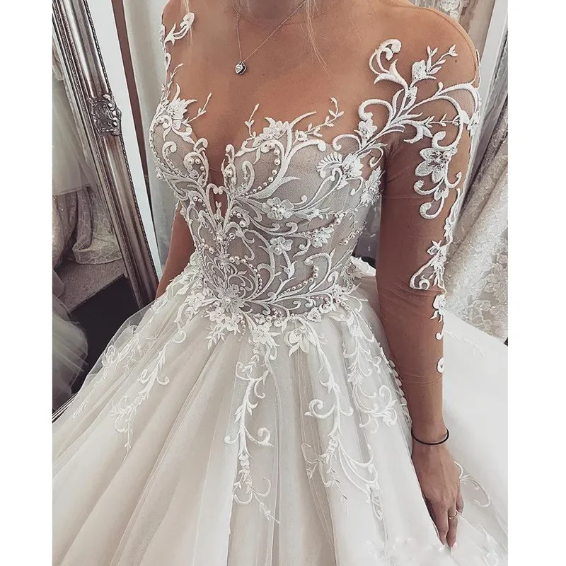 Precioso vestido de novia con cuentas de perlas, vestidos de novia transparentes de manga larga, Sexy, ilusión hecha a medida, línea A, tul