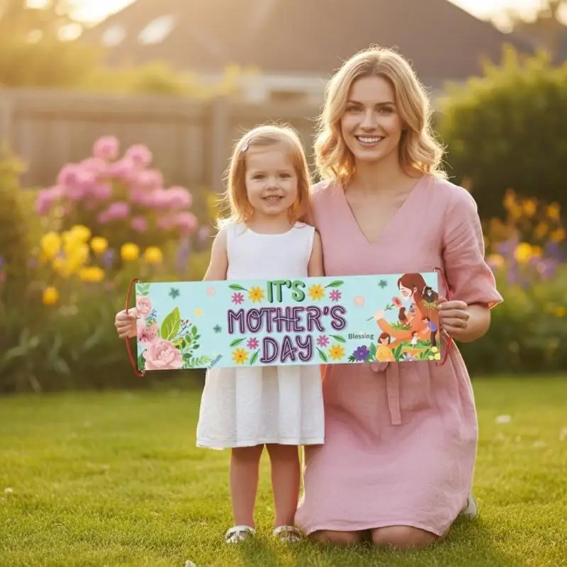 Mothers Day Celebration Banner Handheld Flower Photo Prop for Party Supplies and Festive Decor