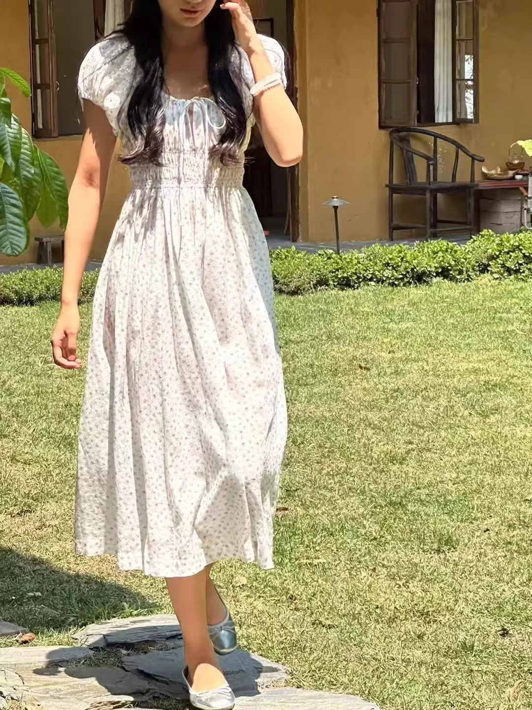 

100% Ramie Ladies Midi Dress 2025 New Floral Print Smocking Elastic Waist Short Sleeve Elegant Female Robe