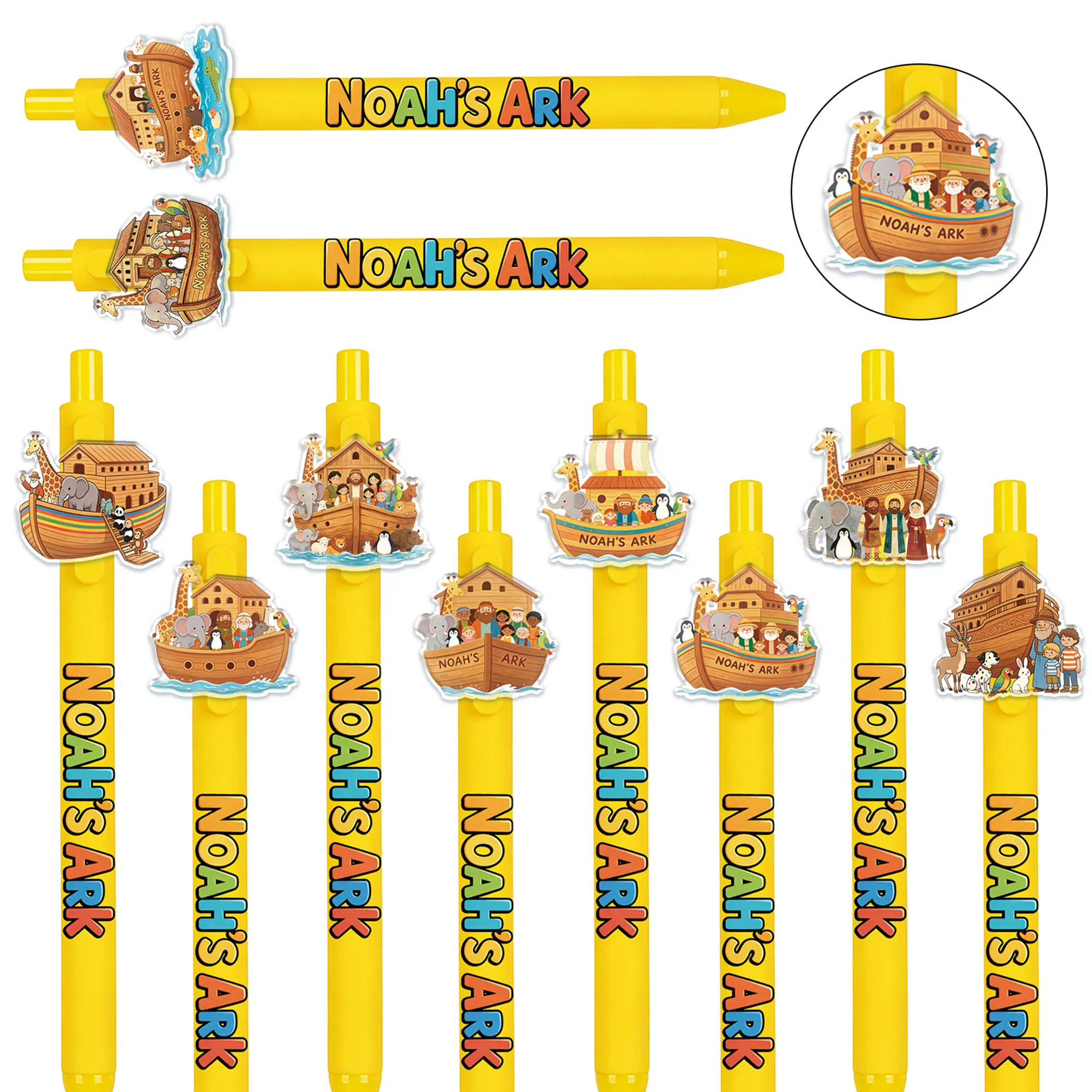 

14pcs Noah's Ark Themed Push-Down Round Tip Pens, Religious Animal Series with Smooth Black Ink, Student Writing Gift Pens