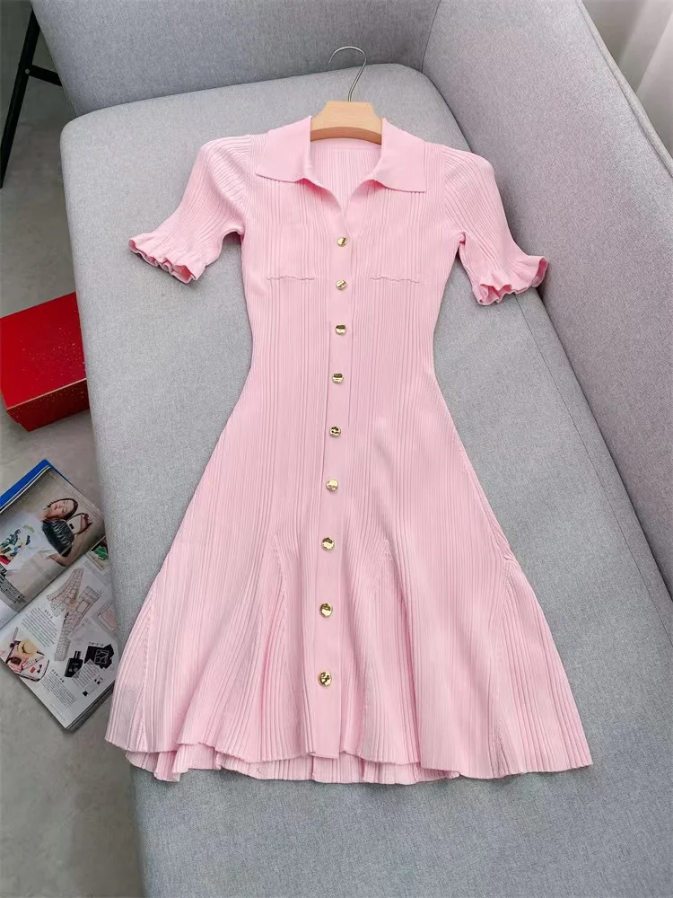 2024 Spring Summer New Fashion Pink Dress Women Elegant Turn Down Collar Single Breasted Short Sleeve Slim Knitted Robe Ladies