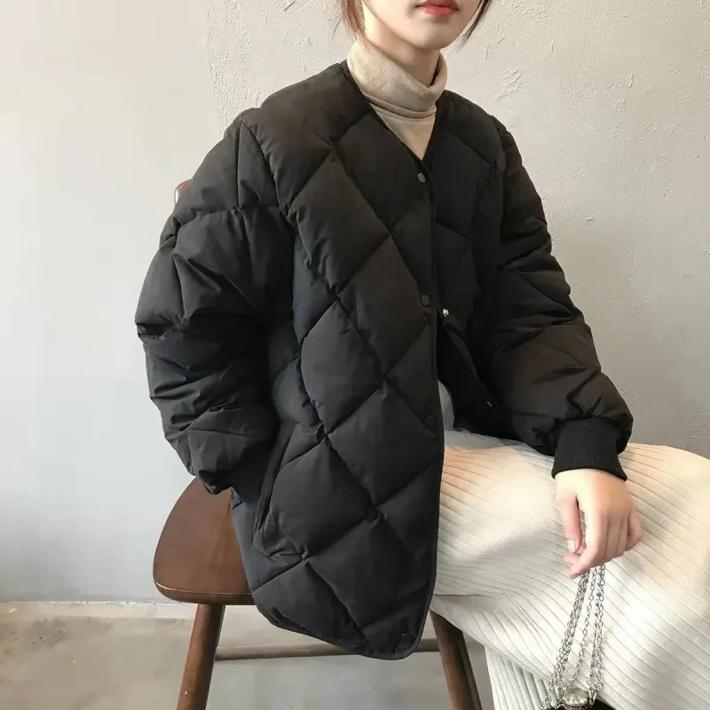 Women Cotton-Padded Jackets Autumn Winter Plaid Solid Loose Coats Simple Korean Lightweight Female Quilted Jacket Outerwear