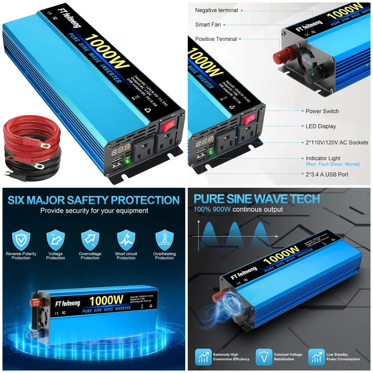 

1000W Pure Sine Wave Inverter 12V to 110V DC AC Converter with LED Display Dual Outlet & USB 5V 3.4A