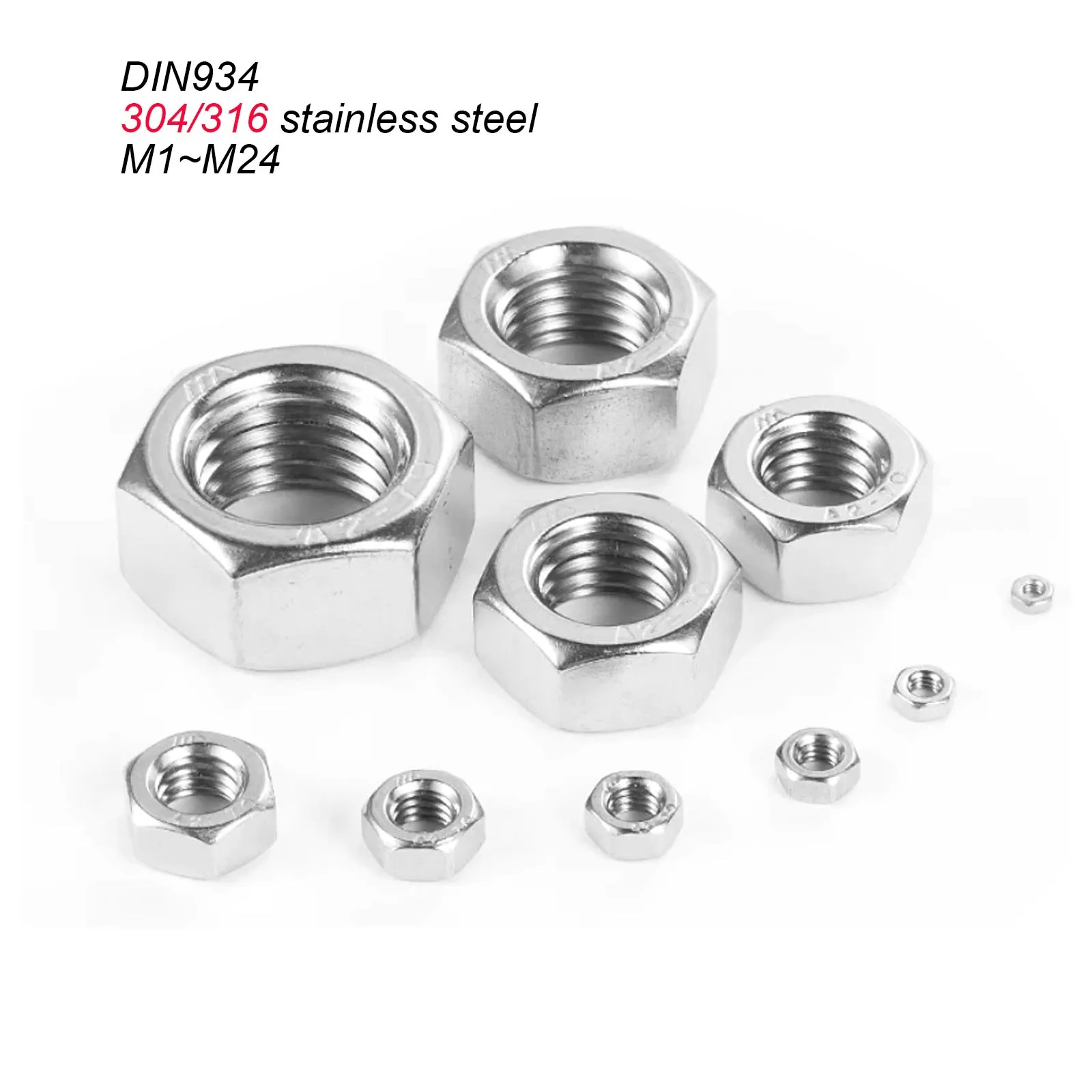 1/100pcs 304 A2 316 A4 Stainless Steel Hex Hexagon Nut DIN934 M1 M1.2 M1.4 M1.6 M2 M2.5 M3 M3.5 M4 M5 M6 M8 M10 M12 M16 M20 M24