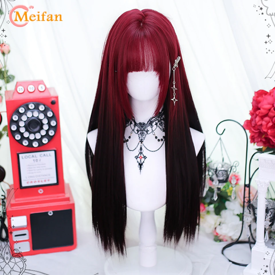 MEIFAN Synthetic Long Straight Lolita Wig with Bang Red Ombre Black Cosplay Party Halloween Christmas Wavy Curly Harajuku Wig