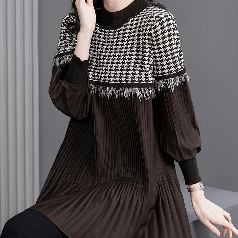 

Spring New Loose Round Neck Large Long Sleeve T-shirt 2022 New Style Temperament Lattice Splicing Commuter Casual Women's Top