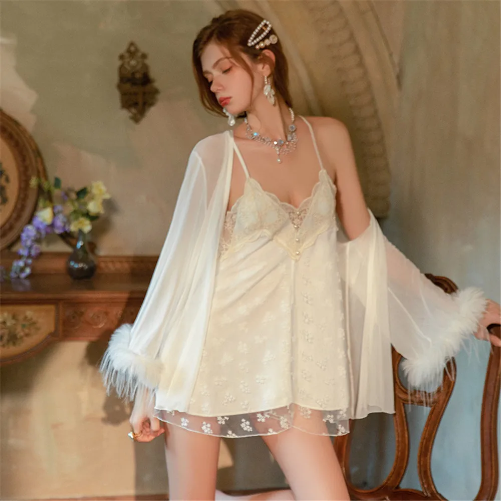 

Летний кружевной женский комплект для сна из 2 предметов: сетчатый халат-кимоно и ночная сорочка на бретельках, домашняя одежда