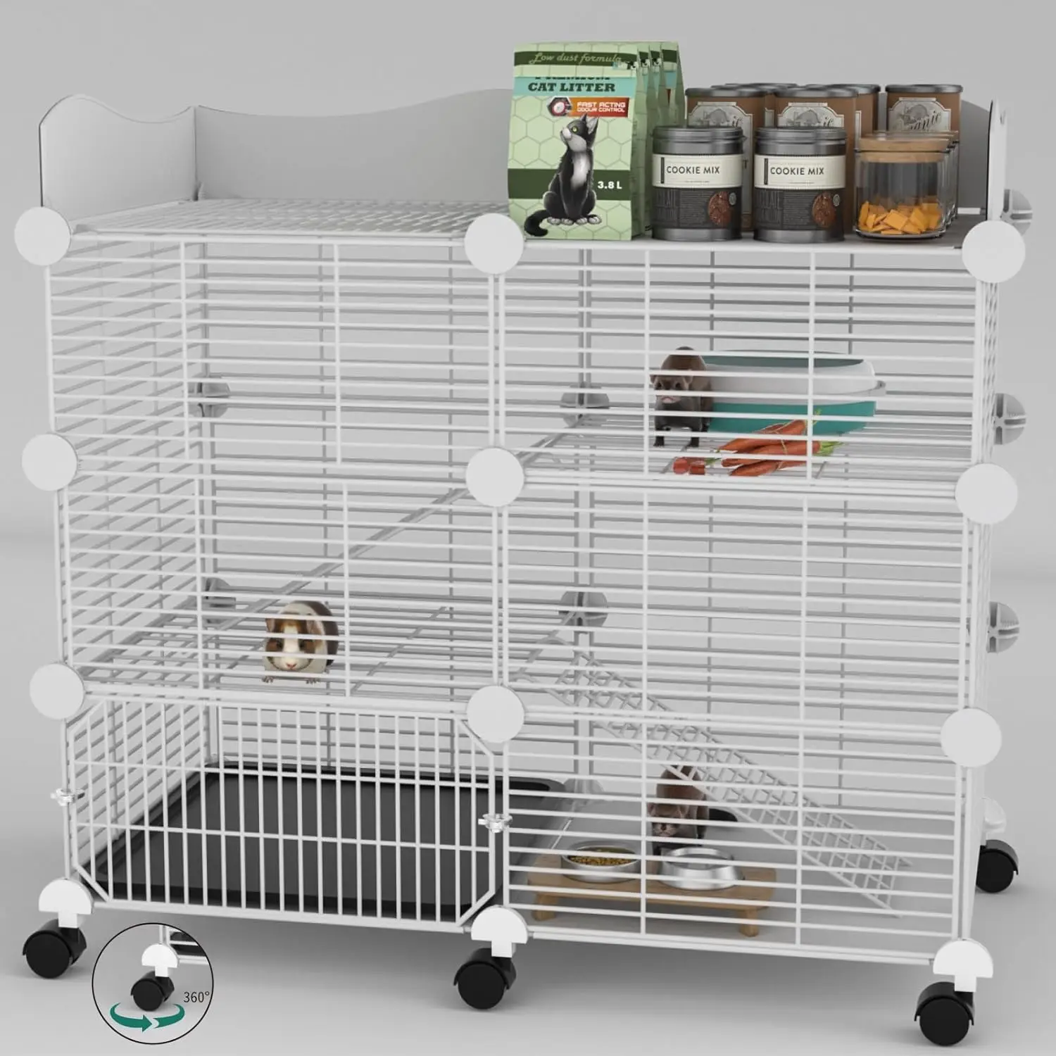 

Large Guinea Pig Cages Indoor on Wheels, 3 Tier C&C Ferret Cage Small Animal Hideout House with Top & Removable Tray