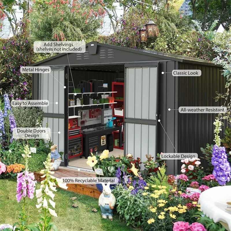 Outdoor Storage Shed 10'x 8',Metal Garden Shed for Bike,Trash Can,Tools,Lawn,Galvanized Steel Storage Cabinet for Backyard,Patio