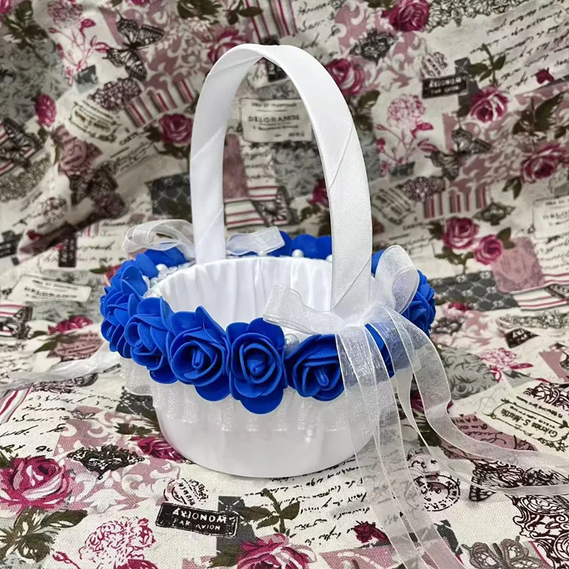 A satin bride's bouquet basket decorated with sapphire blue flowers, with a bow - a flower basket for weddings and events image 4