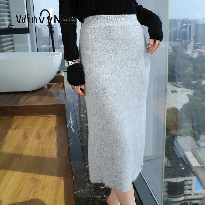 WinvyNee Women Knit Midi Skirt Mink Cashmere Bodycon Cut Brushed Fabric Stretch Waist Business Wear Casual Attire Chic E1248055