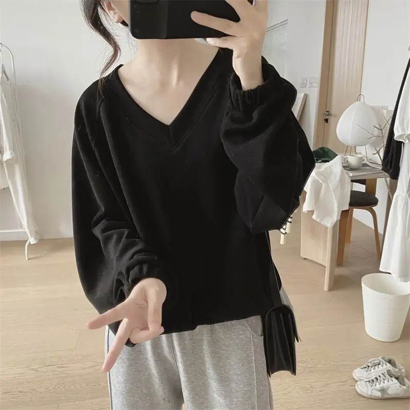 Korean Version New Temperament Commuting Women\'s Clothing Splice Pockets V-neck Long Sleeved Simplicity Solid Color Sweatshirts