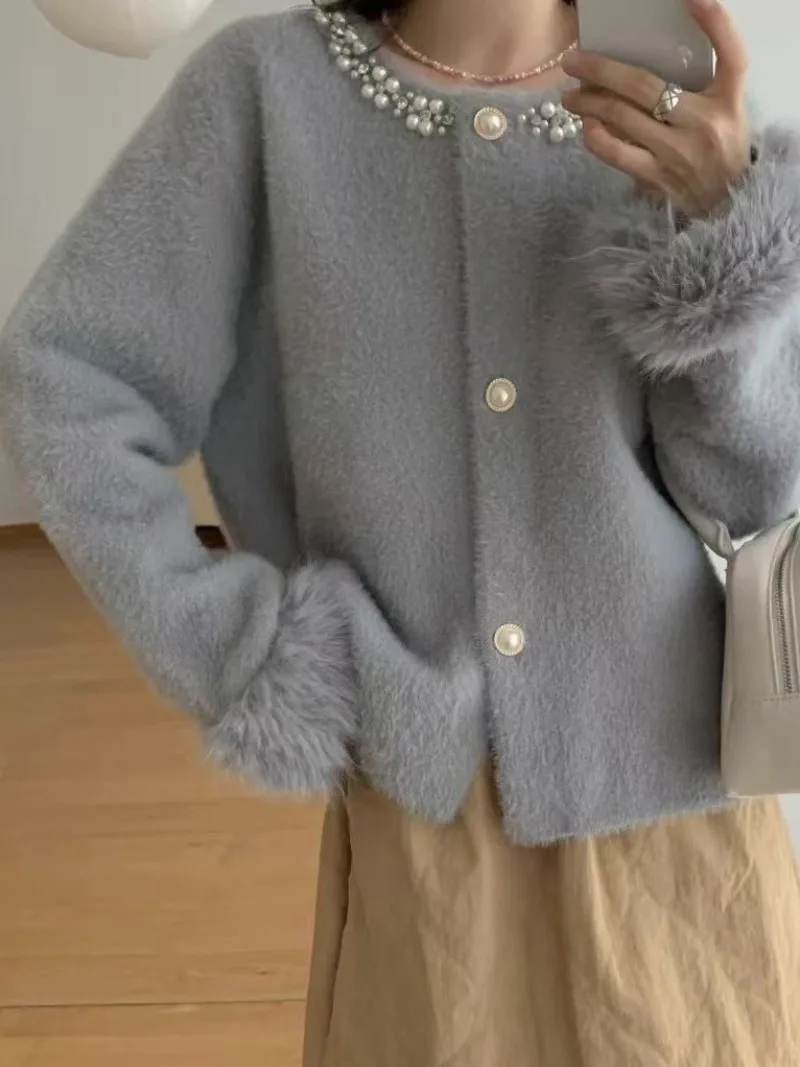 Imitação de vison veludo malha cardigan 2025 outono e inverno novas senhoras frisado camisola casaco feminino manga longa pele cardigan