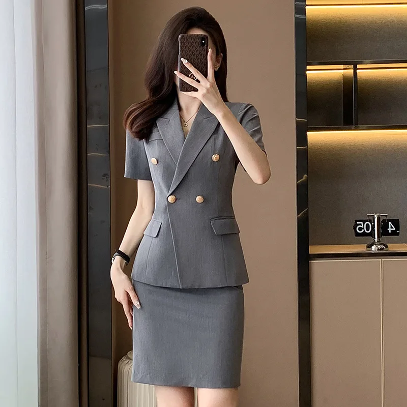 

Gray Short Sleeve Suit Women's Office Clerk Work Clothes Women2024Spring and Summer Slim Fit Business Wear Skirt