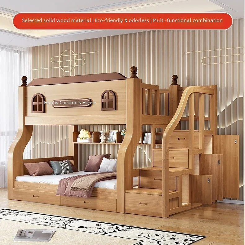 Solid Wood Bunk Bed, Thickened 2-Layer Kids Bed, High and Low Beds, Twin over Full Student Bed, Space-Saving Bedroom Furniture