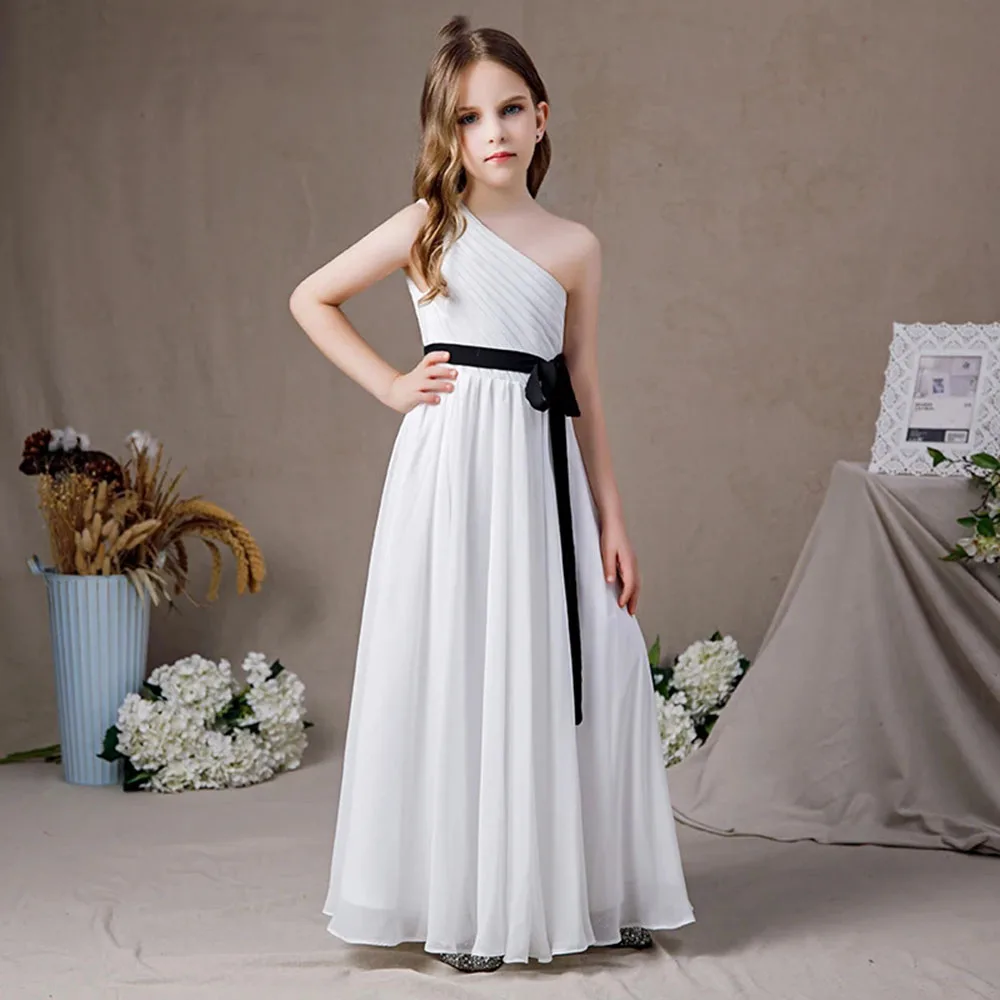 KYDYNQJ White Chiffon One Shoulder Flower Girls Dress Kids Birthday Party Junior Bridesmaid Gown First Communion