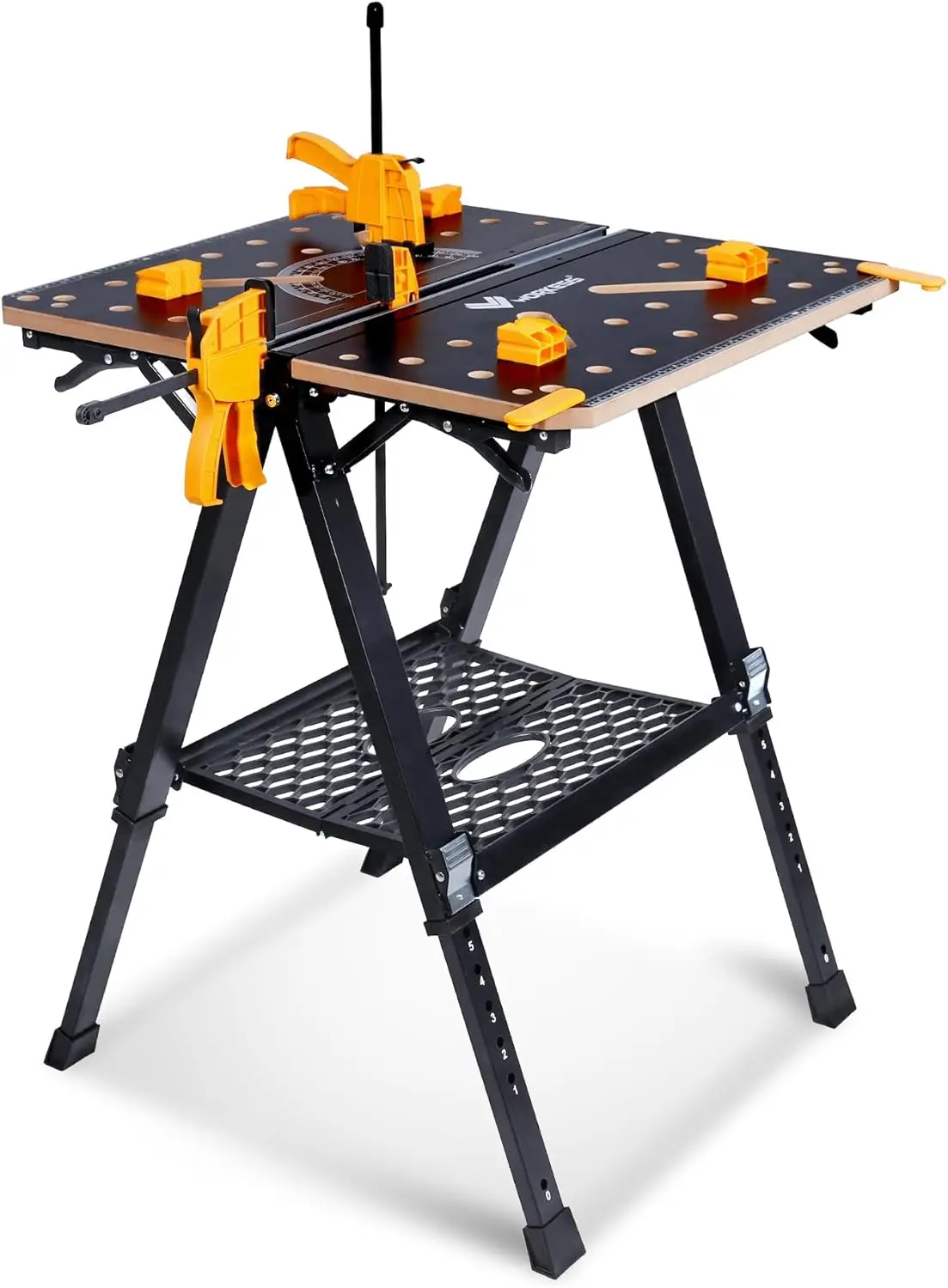 

Portable Workbench & Sawhorse 1000Lbs Capacity Heavy Duty Folding Work Table 23.6"-36" Adjustable Height with 2 Quick Clamps