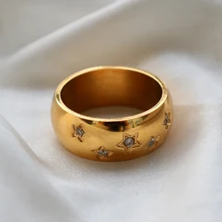 Tarnish Free Stainless Steel Gold Plated Engraving Star White Shiny Crystal Ring for Women Girl Wedding Party Jewelry Gift