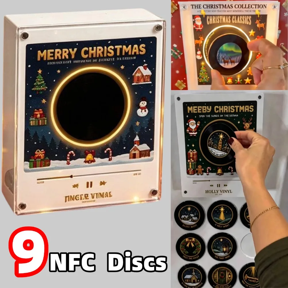 Christmas Gift Fridge Magnet Decor,Vinyl Record Player LED Glow Music Box Desktop Decor With 9 NFC Magnetic Discs Halloween Gift