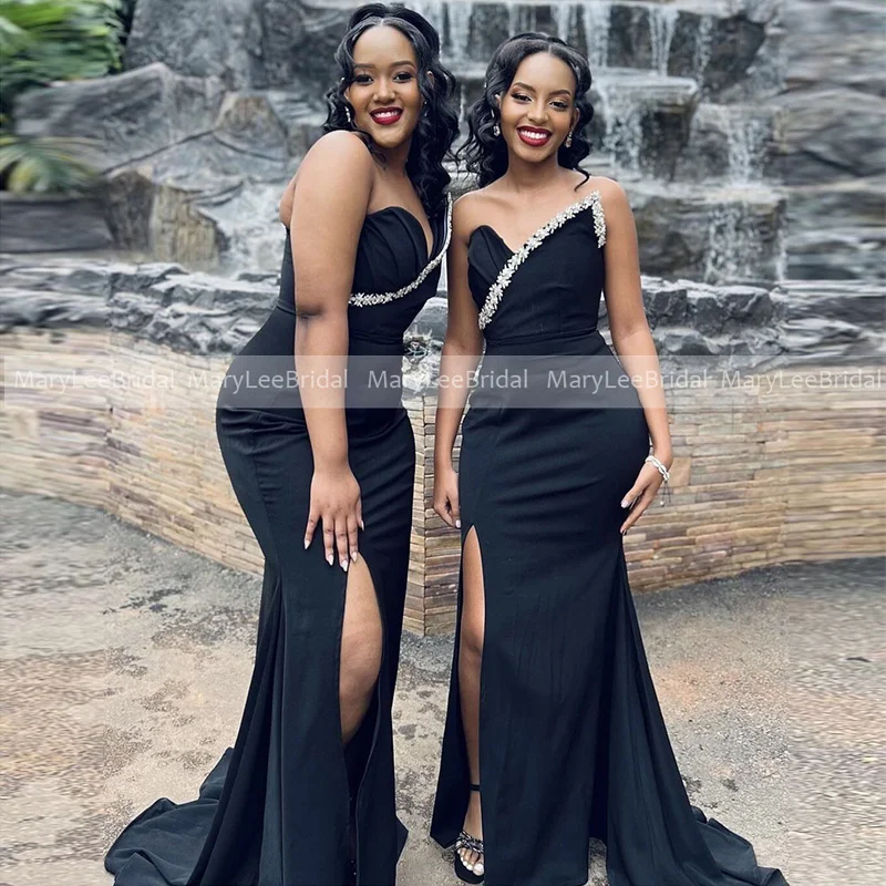 

Women Black Bridesmaids Dresses with Appliques Pleat Crepe Long Front Slit Mermaid Formal Bridal Party Dress Maid of Honor Gowns