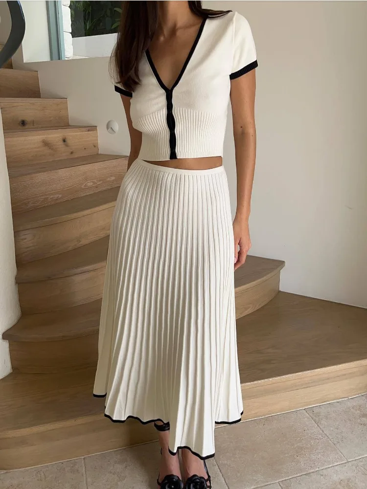 Tossy White Knit Sweater 2 Piece-Set Maxi Skirt For Women Ribbed Short Sleeve Cardigan Top And Long Skirt Sets Knitwear Outfits