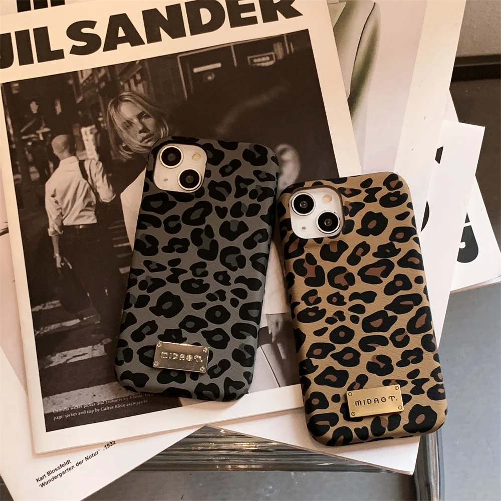 Luxury 3D Sexy flower leopard print phone case For iphone 11 12 13 14 pro XS MAX X XR 15 16 plus metal leather sign back cover