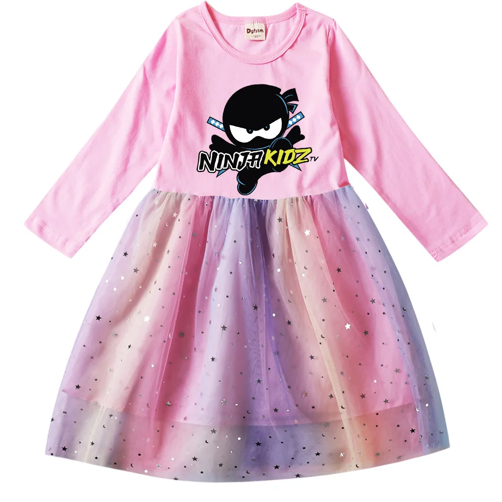 NINJA KIDZ Clothes Baby Girls Long Sleeve Princess Dresses Patchwork Kids Cartoon Casual Rainbow Sequin Dres 2-8Y