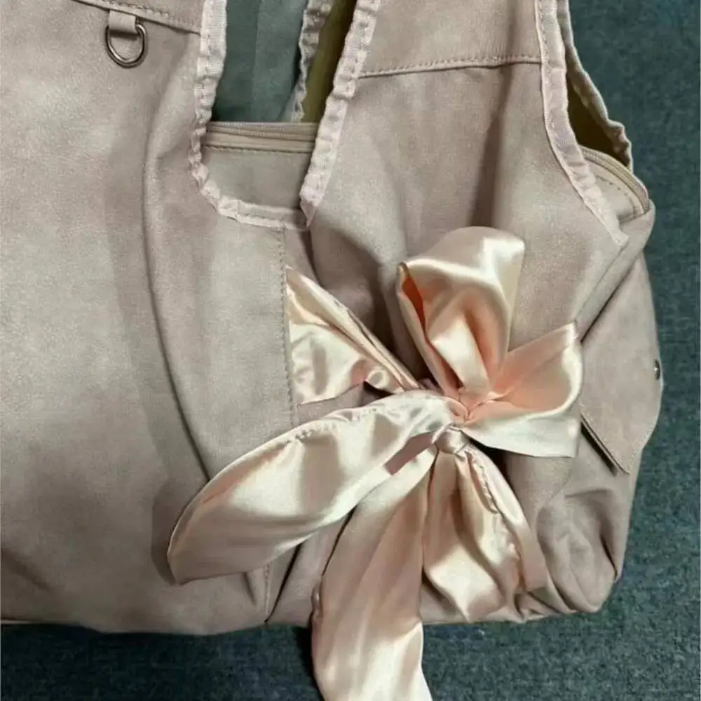 Bloom Haruku Large Capacity Tote Bag Women Fairycore Aesthetic Bow Chic Grey Handbag Female Vintage Cute Shoulder Bags New