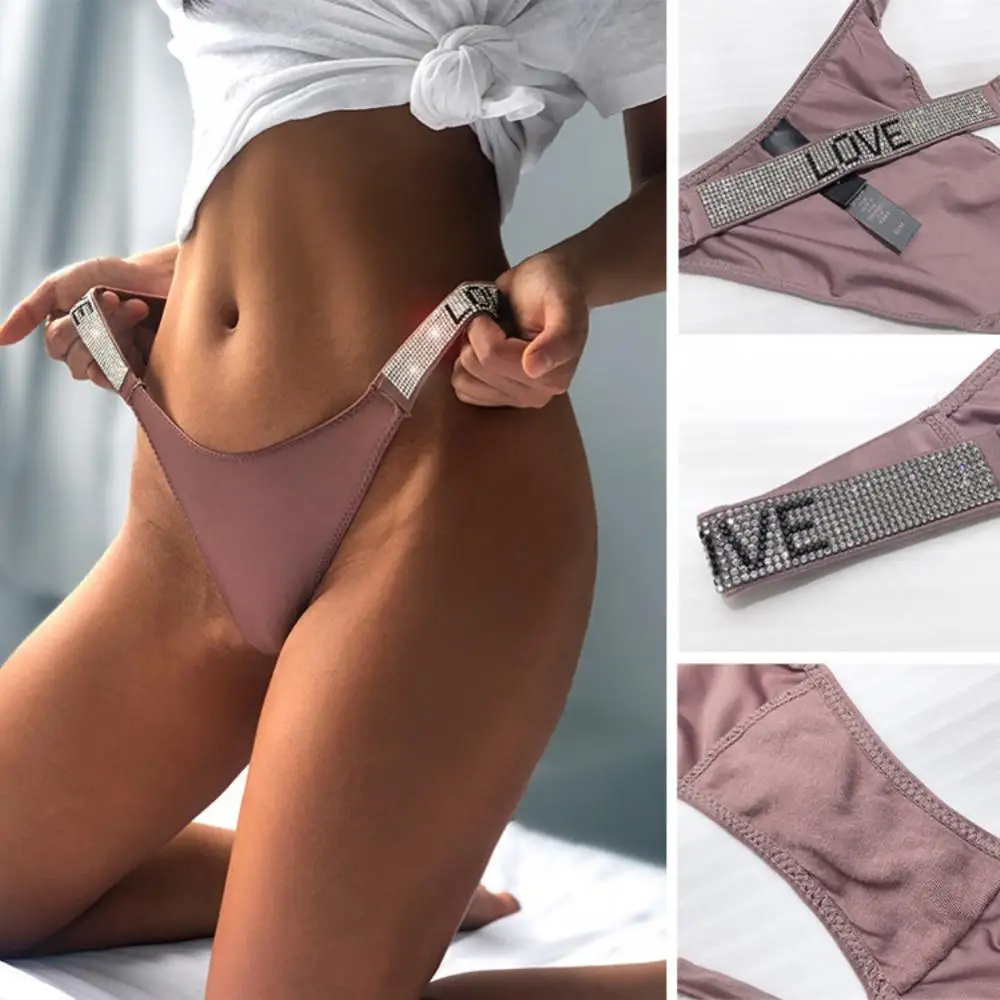 Ice Silk Sexy Panties Fitness Exercise Hip Lift Rhinestone Decor Band Panties Low Waist Bikini Half Hip T Pants Women