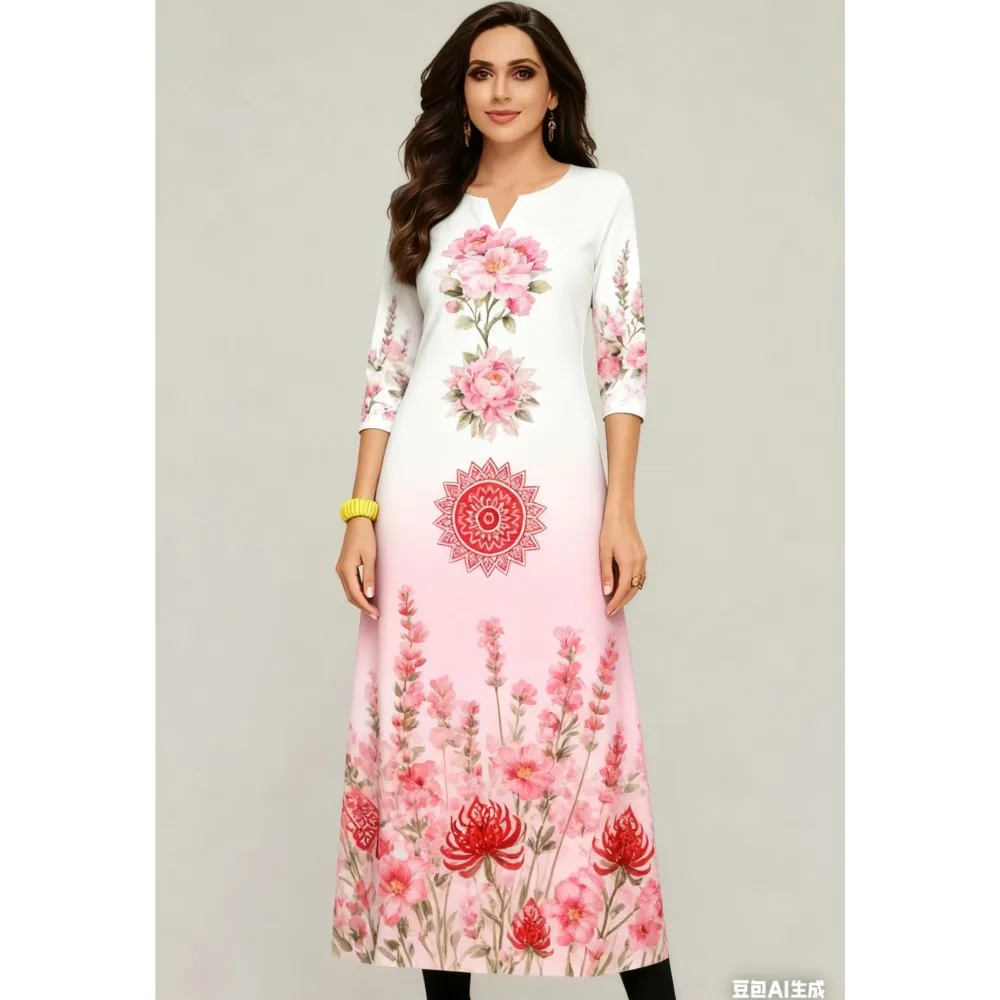 Fiori musulmani Kurt Natale Moda casual da donna Abito comodo Manica lunga Tubo dritto Abito arabo etnico casual